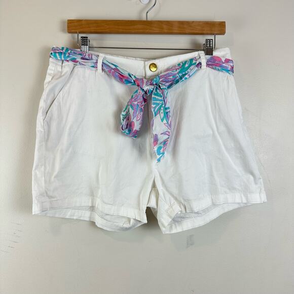 Stella Parker White Shorts Pink Blue Scarf Tie Belted Waist 14 Golf Tennis - Picture 2 of 10